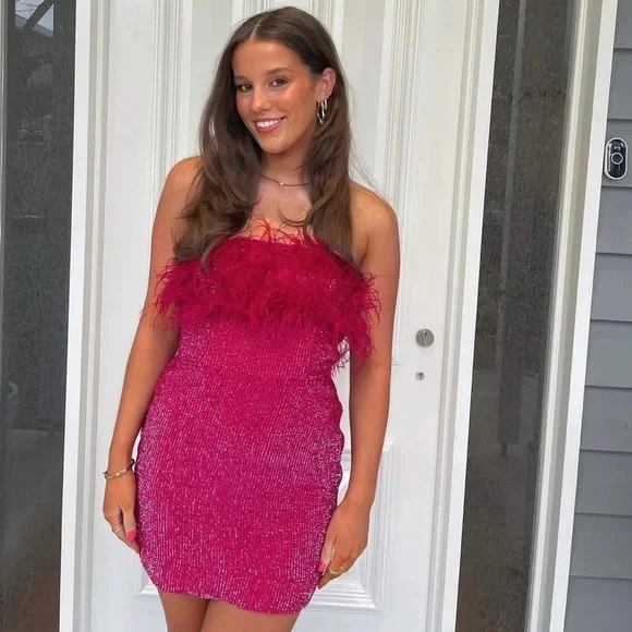 NWT Retroféte Torin Sequin Bandeau Ostrich-trim Mini Dress In Pink. Size Large